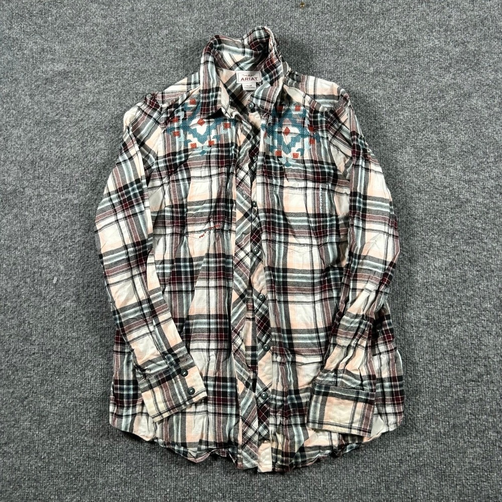 Ariat Button Down Shirt Womens Size M Plaid Western Embroidered Detail
